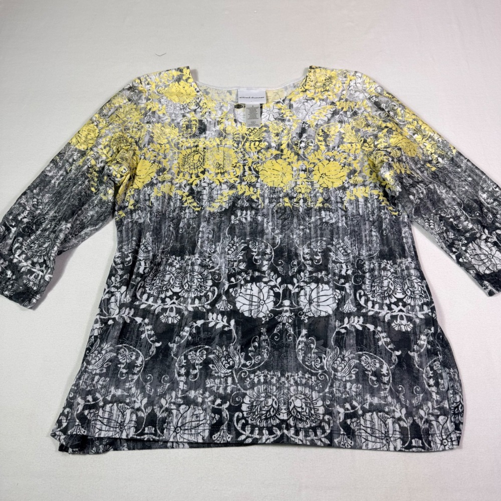 Alfred Dunner Top S Yellow Black White Floral Lace Mixed Media 3/4 Sleeve Scoop
